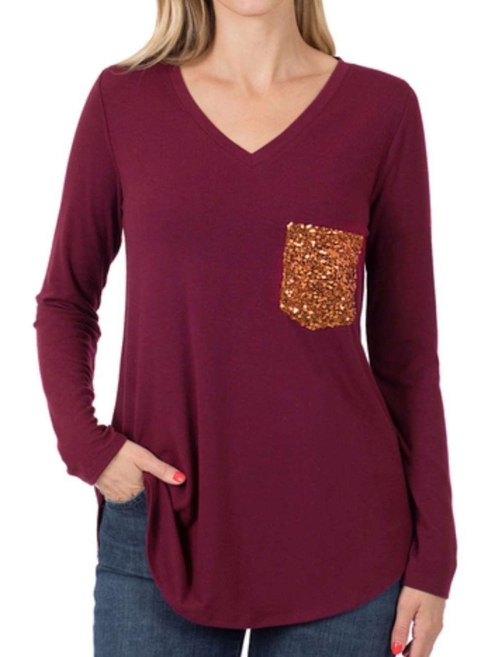 Zenana Outfitters Burgundy V-Neck Long Sleeve Top with Sequin Pocket